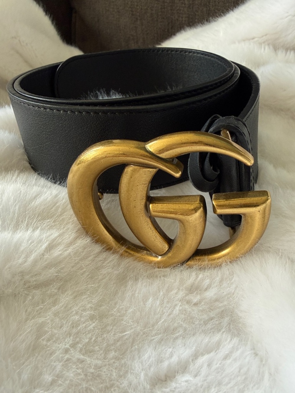 Gucci Black Leather Belt with Gold Double-G Buckle-worn 2x